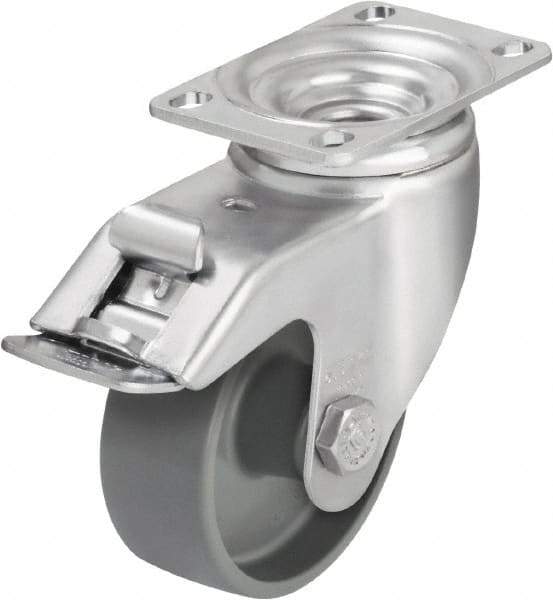 Blickle - 3-1/2" Diam x 1-1/4" Wide x 4-11/16" OAH Top Plate Mount Swivel Caster with Brake - Impact-Resistant Nylon, 400 Lb Capacity, Plain Bore Bearing, 3-5/8 x 2-1/2" Plate - Benchmark Tooling
