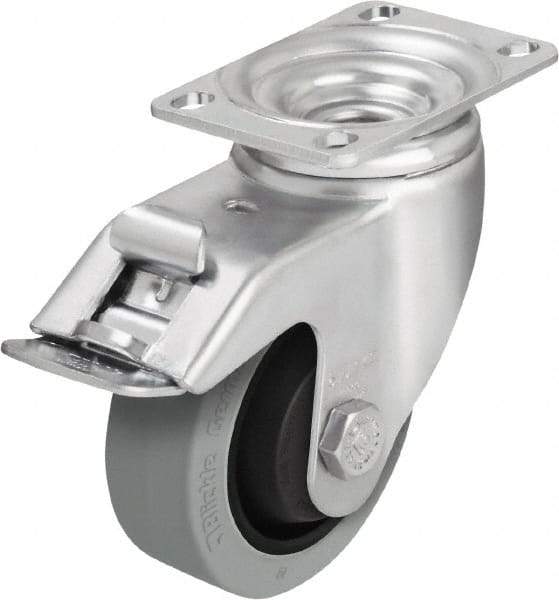 Blickle - 4" Diam x 1-3/8" Wide x 5-1/8" OAH Top Plate Mount Swivel Caster with Brake - Solid Rubber, 400 Lb Capacity, Ball Bearing, 3-5/8 x 2-1/2" Plate - Benchmark Tooling