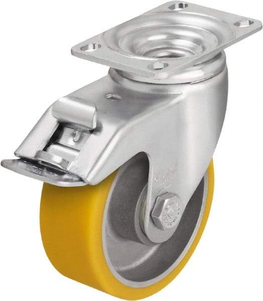 Blickle - 5" Diam x 1-9/16" Wide x 6-1/8" OAH Top Plate Mount Swivel Caster with Brake - Polyurethane-Elastomer Blickle Softhane, 400 Lb Capacity, Ball Bearing, 3-5/8 x 2-1/2" Plate - Benchmark Tooling