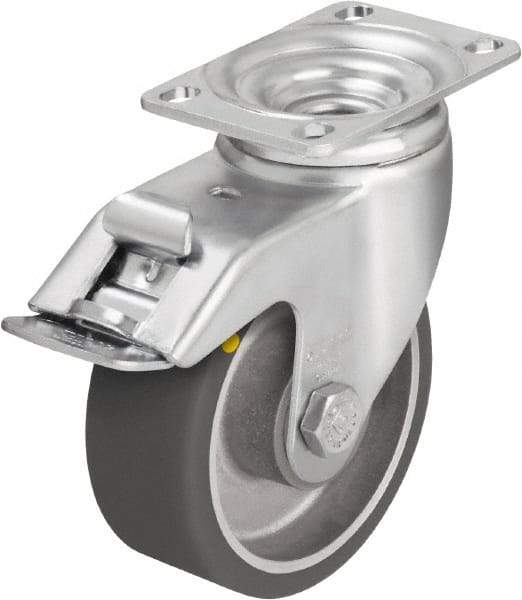 Blickle - 4" Diam x 1-9/16" Wide x 5-1/8" OAH Top Plate Mount Swivel Caster with Brake - Polyurethane-Elastomer Blickle Softhane, 400 Lb Capacity, Ball Bearing, 3-5/8 x 2-1/2" Plate - Benchmark Tooling