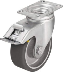 Blickle - 4" Diam x 1-9/16" Wide x 5-1/8" OAH Top Plate Mount Swivel Caster with Brake - Polyurethane-Elastomer Blickle Softhane, 400 Lb Capacity, Ball Bearing, 3-5/8 x 2-1/2" Plate - Benchmark Tooling