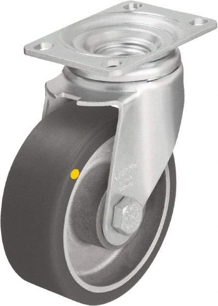 Blickle - 4" Diam x 1-9/16" Wide x 5-1/8" OAH Top Plate Mount Swivel Caster - Polyurethane-Elastomer Blickle Softhane, 400 Lb Capacity, Ball Bearing, 3-5/8 x 2-1/2" Plate - Benchmark Tooling