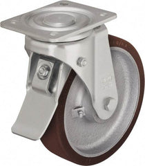 Blickle - 5" Diam x 1-31/32" Wide x 6-1/2" OAH Top Plate Mount Swivel Caster with Brake - Polyurethane-Elastomer Blickle Softhane, 1,100 Lb Capacity, Ball Bearing, 5-1/2 x 4-3/8" Plate - Benchmark Tooling