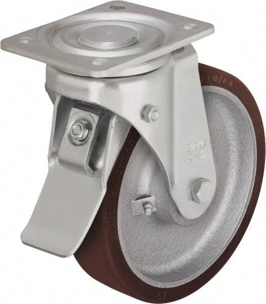 Blickle - 5" Diam x 1-31/32" Wide x 6-1/2" OAH Top Plate Mount Swivel Caster with Brake - Polyurethane-Elastomer Blickle Softhane, 1,540 Lb Capacity, Ball Bearing, 5-1/2 x 4-3/8" Plate - Benchmark Tooling