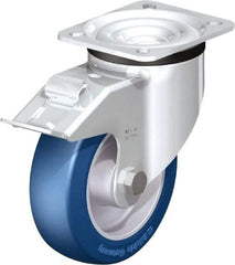 Blickle - 5" Diam x 1-37/64" Wide x 6-7/64" OAH Top Plate Mount Swivel Caster with Brake - Polyurethane-Elastomer Blickle Besthane, 770 Lb Capacity, Ball Bearing, 3-15/16 x 3-3/8" Plate - Benchmark Tooling