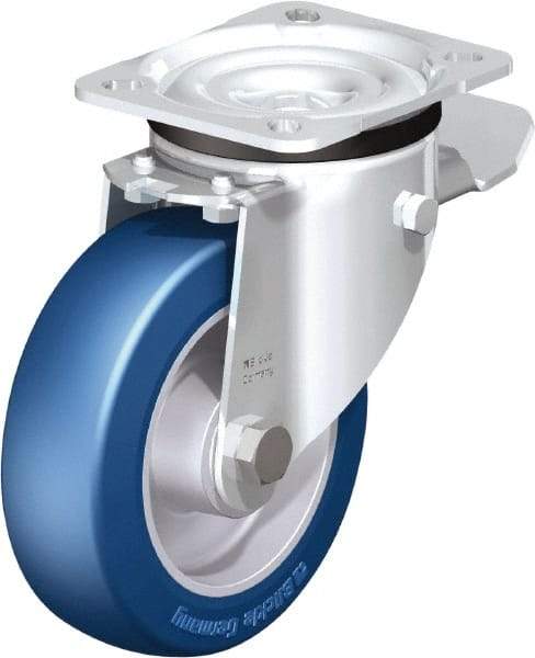 Blickle - 5" Diam x 1-37/64" Wide x 6-7/64" OAH Top Plate Mount Swivel Caster with Brake - Polyurethane-Elastomer Blickle Besthane, 770 Lb Capacity, Ball Bearing, 3-15/16 x 3-3/8" Plate - Benchmark Tooling