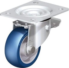 Blickle - 4" Diam x 1-37/64" Wide x 5-7/64" OAH Top Plate Mount Swivel Caster with Brake - Polyurethane-Elastomer Blickle Besthane, 660 Lb Capacity, Ball Bearing, 5-1/2 x 4-3/8" Plate - Benchmark Tooling