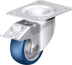 Blickle - 4" Diam x 1-37/64" Wide x 5-7/64" OAH Top Plate Mount Swivel Caster with Brake - Polyurethane-Elastomer Blickle Besthane, 660 Lb Capacity, Ball Bearing, 5-1/2 x 4-3/8" Plate - Benchmark Tooling