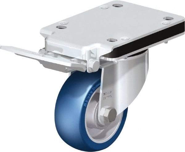 Blickle - 4" Diam x 1-37/64" Wide x 5-25/32" OAH Top Plate Mount Swivel Caster with Brake - Polyurethane-Elastomer Blickle Besthane, 660 Lb Capacity, Ball Bearing, 5-1/2 x 4-3/8" Plate - Benchmark Tooling