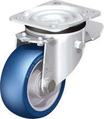 Blickle - 4" Diam x 1-37/64" Wide x 5-7/64" OAH Top Plate Mount Swivel Caster with Brake - Polyurethane-Elastomer Blickle Besthane, 660 Lb Capacity, Ball Bearing, 3-15/16 x 3-3/8" Plate - Benchmark Tooling