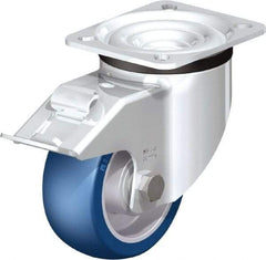 Blickle - 4" Diam x 1-37/64" Wide x 5-7/64" OAH Top Plate Mount Swivel Caster with Brake - Polyurethane-Elastomer Blickle Besthane, 660 Lb Capacity, Ball Bearing, 3-15/16 x 3-3/8" Plate - Benchmark Tooling