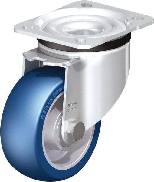 Blickle - 4" Diam x 1-37/64" Wide x 5-7/64" OAH Top Plate Mount Swivel Caster - Polyurethane-Elastomer Blickle Besthane, 660 Lb Capacity, Ball Bearing, 3-15/16 x 3-3/8" Plate - Benchmark Tooling