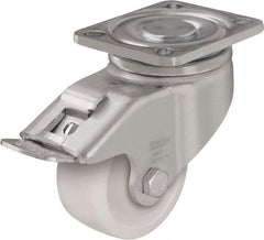 Blickle - 5" Diam x 1-29/64" Wide x 6-1/2" OAH Top Plate Mount Swivel Caster with Brake - Impact-Resistant Nylon, 1,540 Lb Capacity, Plain Bore Bearing, 5-1/2 x 4-3/8" Plate - Benchmark Tooling