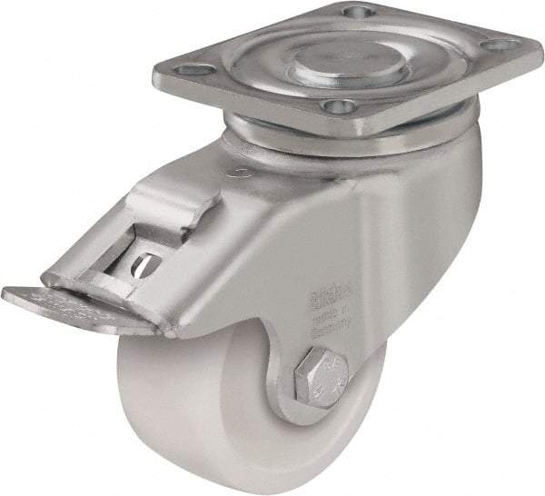 Blickle - 4" Diam x 1-29/64" Wide x 5-33/64" OAH Top Plate Mount Swivel Caster with Brake - Impact-Resistant Nylon, 1,100 Lb Capacity, Plain Bore Bearing, 3-15/16 x 3-3/8" Plate - Benchmark Tooling