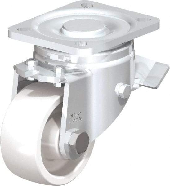 Blickle - 3" Diam x 1-29/64" Wide x 4-23/32" OAH Top Plate Mount Swivel Caster with Brake - Impact-Resistant Nylon, 770 Lb Capacity, Plain Bore Bearing, 3-15/16 x 3-3/8" Plate - Benchmark Tooling