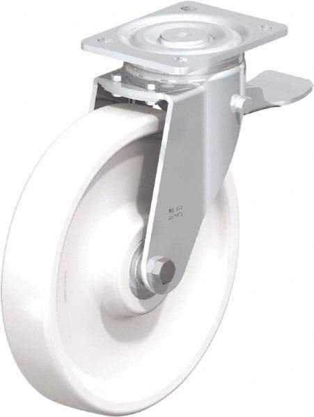 Blickle - 10" Diam x 1-31/32" Wide x 11-39/64" OAH Top Plate Mount Swivel Caster with Brake - Impact-Resistant Nylon, 1,980 Lb Capacity, Ball Bearing, 5-1/2 x 4-3/8" Plate - Benchmark Tooling