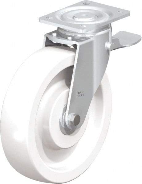 Blickle - 10" Diam x 2-9/16" Wide x 11-39/64" OAH Top Plate Mount Swivel Caster with Brake - Impact-Resistant Nylon, 1,980 Lb Capacity, Ball Bearing, 5-1/2 x 4-3/8" Plate - Benchmark Tooling