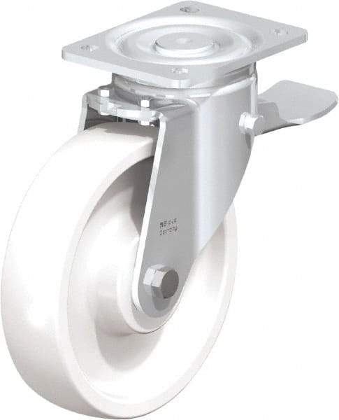 Blickle - 8" Diam x 1-31/32" Wide x 9-41/64" OAH Top Plate Mount Swivel Caster with Brake - Impact-Resistant Nylon, 1,980 Lb Capacity, Ball Bearing, 5-1/2 x 4-3/8" Plate - Benchmark Tooling