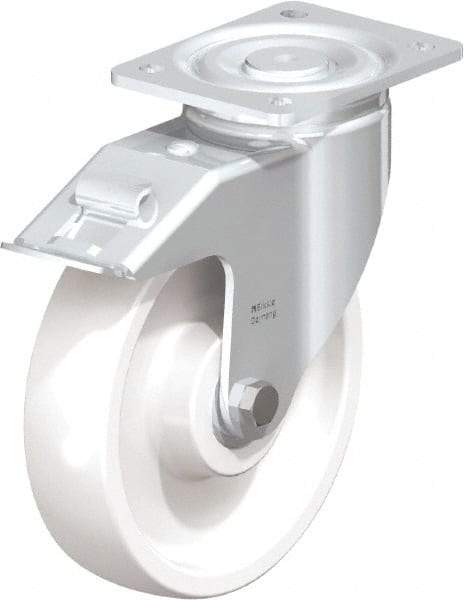 Blickle - 8" Diam x 1-31/32" Wide x 9-41/64" OAH Top Plate Mount Swivel Caster with Brake - Impact-Resistant Nylon, 1,980 Lb Capacity, Ball Bearing, 5-1/2 x 4-3/8" Plate - Benchmark Tooling