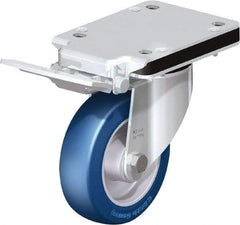 Blickle - 5" Diam x 1-37/64" Wide x 5-25/32" OAH Top Plate Mount Swivel Caster with Brake - Polyurethane-Elastomer Blickle Besthane, 770 Lb Capacity, Ball Bearing, 5-1/2 x 4-3/8" Plate - Benchmark Tooling