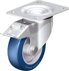 Blickle - 5" Diam x 1-37/64" Wide x 6-7/64" OAH Top Plate Mount Swivel Caster with Brake - Polyurethane-Elastomer Blickle Besthane, 770 Lb Capacity, Ball Bearing, 5-1/2 x 4-3/8" Plate - Benchmark Tooling