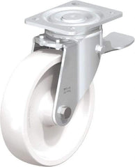 Blickle - 8" Diam x 1-31/32" Wide x 9-41/64" OAH Top Plate Mount Swivel Caster with Brake - Impact-Resistant Nylon, 1,980 Lb Capacity, Plain Bore Bearing, 5-1/2 x 4-3/8" Plate - Benchmark Tooling