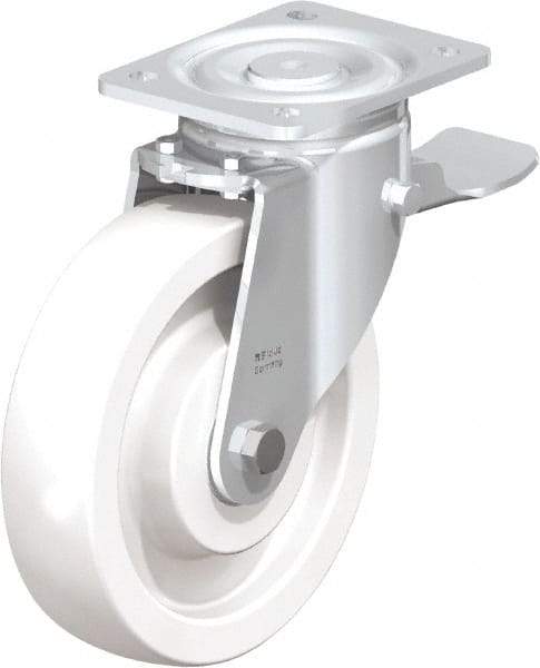 Blickle - 8" Diam x 1-31/32" Wide x 9-41/64" OAH Top Plate Mount Swivel Caster with Brake - Impact-Resistant Nylon, 1,980 Lb Capacity, Ball Bearing, 5-1/2 x 4-3/8" Plate - Benchmark Tooling