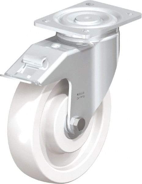 Blickle - 8" Diam x 1-31/32" Wide x 9-41/64" OAH Top Plate Mount Swivel Caster with Brake - Impact-Resistant Nylon, 1,980 Lb Capacity, Ball Bearing, 5-1/2 x 4-3/8" Plate - Benchmark Tooling