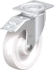 Blickle - 8" Diam x 1-31/32" Wide x 9-41/64" OAH Top Plate Mount Swivel Caster with Brake - Impact-Resistant Nylon, 1,980 Lb Capacity, Plain Bore Bearing, 5-1/2 x 4-3/8" Plate - Benchmark Tooling