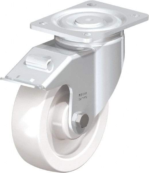 Blickle - 6-1/2" Diam x 1-31/32" Wide x 7-3/4" OAH Top Plate Mount Swivel Caster with Brake - Impact-Resistant Nylon, 1,870 Lb Capacity, Plain Bore Bearing, 5-1/2 x 4-3/8" Plate - Benchmark Tooling