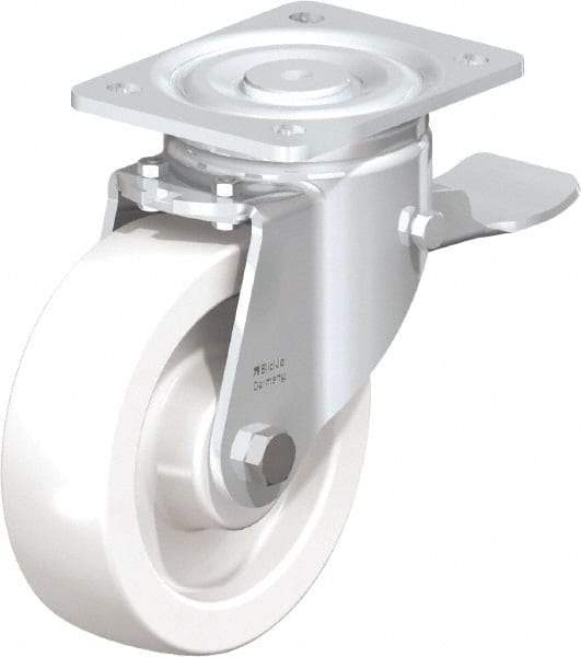 Blickle - 6-1/2" Diam x 1-31/32" Wide x 7-3/4" OAH Top Plate Mount Swivel Caster with Brake - Impact-Resistant Nylon, 1,870 Lb Capacity, Plain Bore Bearing, 5-1/2 x 4-3/8" Plate - Benchmark Tooling