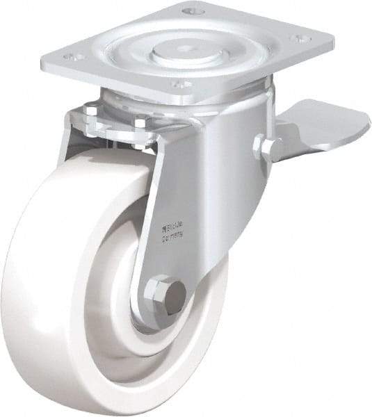 Blickle - 6" Diam x 1-31/32" Wide x 7-3/4" OAH Top Plate Mount Swivel Caster with Brake - Impact-Resistant Nylon, 1,760 Lb Capacity, Ball Bearing, 5-1/2 x 4-3/8" Plate - Benchmark Tooling