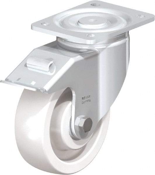 Blickle - 6" Diam x 1-31/32" Wide x 7-3/4" OAH Top Plate Mount Swivel Caster with Brake - Impact-Resistant Nylon, 1,760 Lb Capacity, Ball Bearing, 5-1/2 x 4-3/8" Plate - Benchmark Tooling