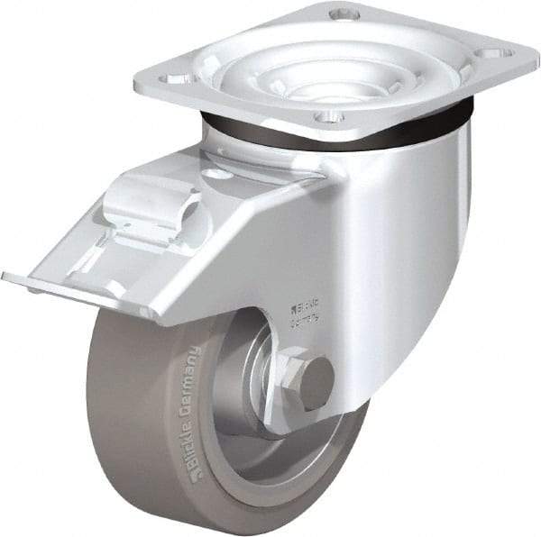 Blickle - 4" Diam x 1-37/64" Wide x 5-7/64" OAH Top Plate Mount Swivel Caster with Brake - Solid Rubber, 440 Lb Capacity, Ball Bearing, 3-15/16 x 3-3/8" Plate - Benchmark Tooling