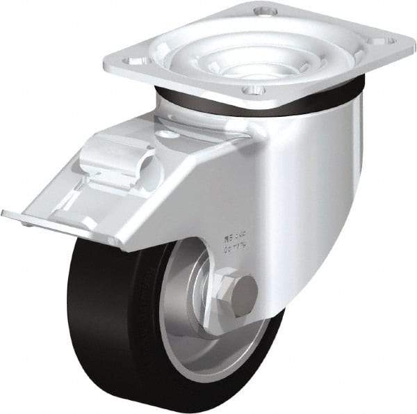 Blickle - 4" Diam x 1-37/64" Wide x 5-7/64" OAH Top Plate Mount Swivel Caster with Brake - Solid Rubber, 440 Lb Capacity, Ball Bearing, 3-15/16 x 3-3/8" Plate - Benchmark Tooling