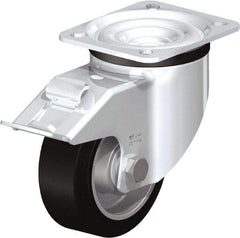 Blickle - 4" Diam x 1-37/64" Wide x 5-7/64" OAH Top Plate Mount Swivel Caster with Brake - Solid Rubber, 440 Lb Capacity, Ball Bearing, 3-15/16 x 3-3/8" Plate - Benchmark Tooling
