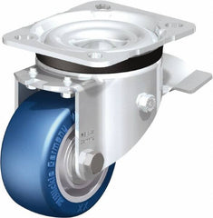 Blickle - 3" Diam x 1-37/64" Wide x 4-21/64" OAH Top Plate Mount Swivel Caster with Brake - Polyurethane-Elastomer Blickle Besthane, 506 Lb Capacity, Ball Bearing, 3-15/16 x 3-3/8" Plate - Benchmark Tooling