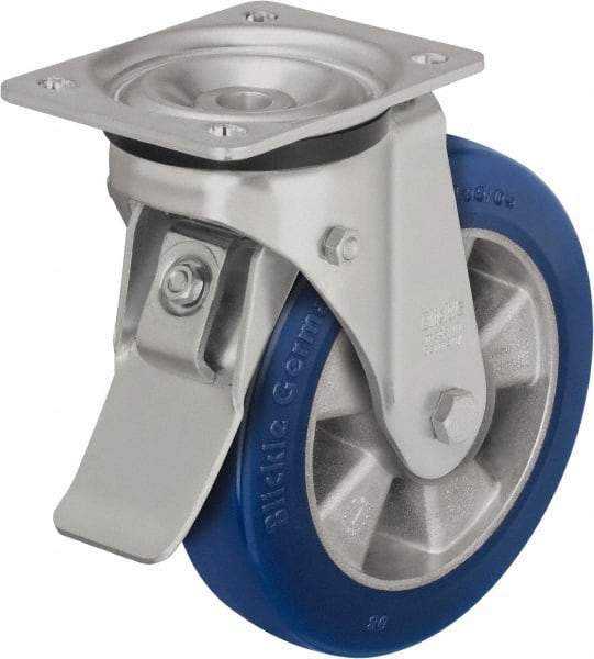 Blickle - 8" Diam x 1-31/32" Wide x 9-41/64" OAH Top Plate Mount Swivel Caster with Brake - Polyurethane-Elastomer Blickle Besthane, 1,320 Lb Capacity, Ball Bearing, 5-1/2 x 4-3/8" Plate - Benchmark Tooling