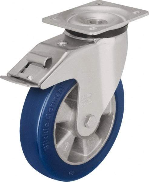 Blickle - 8" Diam x 1-31/32" Wide x 9-41/64" OAH Top Plate Mount Swivel Caster with Brake - Polyurethane-Elastomer Blickle Besthane, 1,320 Lb Capacity, Ball Bearing, 5-1/2 x 4-3/8" Plate - Benchmark Tooling