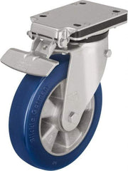 Blickle - 8" Diam x 1-31/32" Wide x 10-5/16" OAH Top Plate Mount Swivel Caster with Brake - Polyurethane-Elastomer Blickle Besthane, 1,320 Lb Capacity, Ball Bearing, 5-1/2 x 4-3/8" Plate - Benchmark Tooling