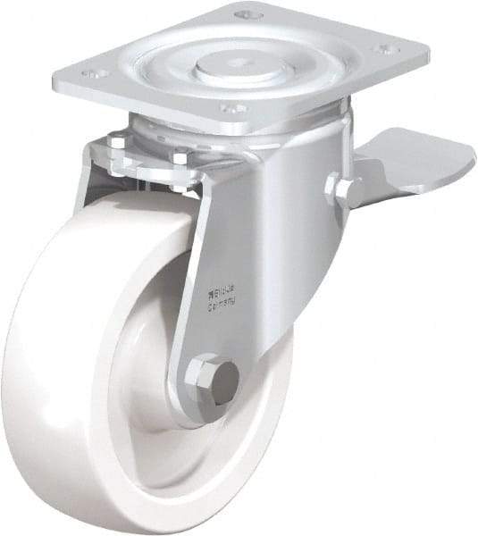 Blickle - 6" Diam x 1-31/32" Wide x 7-3/4" OAH Top Plate Mount Swivel Caster with Brake - Impact-Resistant Nylon, 1,760 Lb Capacity, Plain Bore Bearing, 5-1/2 x 4-3/8" Plate - Benchmark Tooling