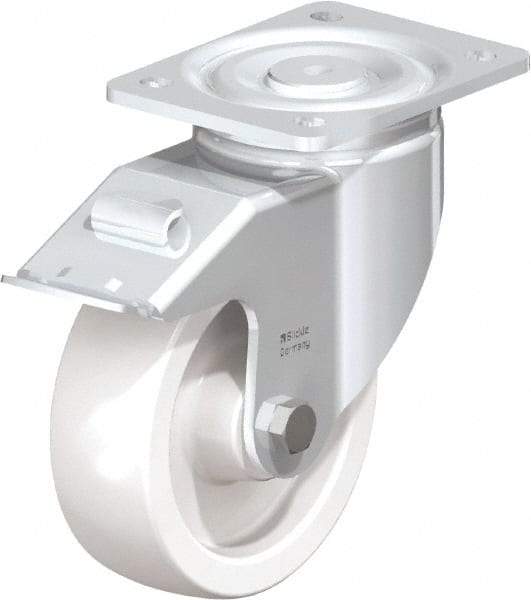 Blickle - 6" Diam x 1-31/32" Wide x 7-3/4" OAH Top Plate Mount Swivel Caster with Brake - Impact-Resistant Nylon, 1,760 Lb Capacity, Plain Bore Bearing, 5-1/2 x 4-3/8" Plate - Benchmark Tooling
