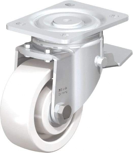 Blickle - 5" Diam x 1-31/32" Wide x 6-11/16" OAH Top Plate Mount Swivel Caster with Brake - Impact-Resistant Nylon, 1,650 Lb Capacity, Ball Bearing, 5-1/2 x 4-3/8" Plate - Benchmark Tooling