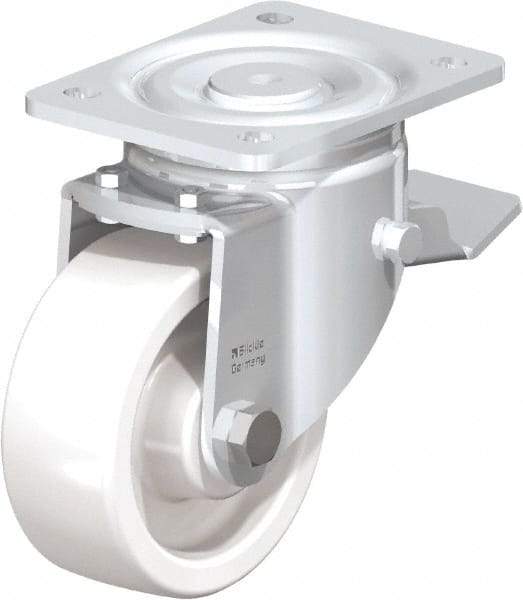Blickle - 5" Diam x 1-31/32" Wide x 6-11/16" OAH Top Plate Mount Swivel Caster with Brake - Impact-Resistant Nylon, 1,650 Lb Capacity, Plain Bore Bearing, 5-1/2 x 4-3/8" Plate - Benchmark Tooling
