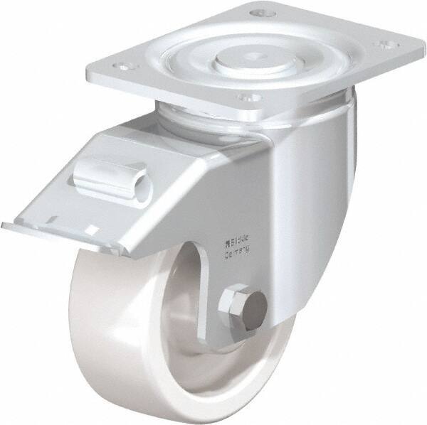 Blickle - 5" Diam x 1-31/32" Wide x 6-11/16" OAH Top Plate Mount Swivel Caster with Brake - Impact-Resistant Nylon, 1,650 Lb Capacity, Plain Bore Bearing, 5-1/2 x 4-3/8" Plate - Benchmark Tooling