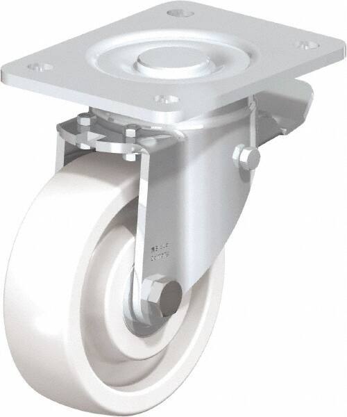 Blickle - 5" Diam x 1-29/64" Wide x 6-1/2" OAH Top Plate Mount Swivel Caster with Brake - Impact-Resistant Nylon, 1,540 Lb Capacity, Ball Bearing, 5-1/2 x 4-3/8" Plate - Benchmark Tooling