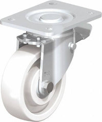 Blickle - 5" Diam x 1-29/64" Wide x 6-1/2" OAH Top Plate Mount Swivel Caster with Brake - Impact-Resistant Nylon, 1,540 Lb Capacity, Ball Bearing, 5-1/2 x 4-3/8" Plate - Benchmark Tooling