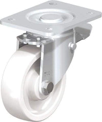 Blickle - 5" Diam x 1-29/64" Wide x 6-1/2" OAH Top Plate Mount Swivel Caster with Brake - Impact-Resistant Nylon, 1,540 Lb Capacity, Plain Bore Bearing, 5-1/2 x 4-3/8" Plate - Benchmark Tooling