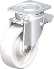 Blickle - 5" Diam x 1-29/64" Wide x 6-1/2" OAH Top Plate Mount Swivel Caster with Brake - Impact-Resistant Nylon, 1,540 Lb Capacity, Plain Bore Bearing, 3-15/16 x 3-3/8" Plate - Benchmark Tooling