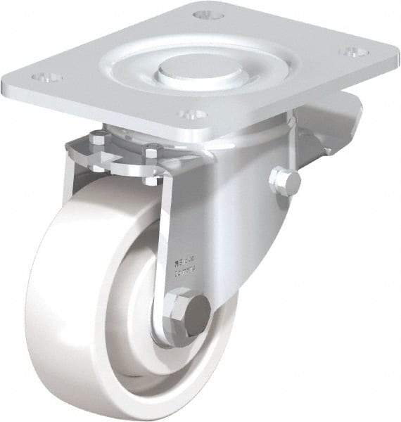 Blickle - 4" Diam x 1-29/64" Wide x 6-1/2" OAH Top Plate Mount Swivel Caster with Brake - Impact-Resistant Nylon, 1,100 Lb Capacity, Ball Bearing, 5-1/2 x 4-3/8" Plate - Benchmark Tooling